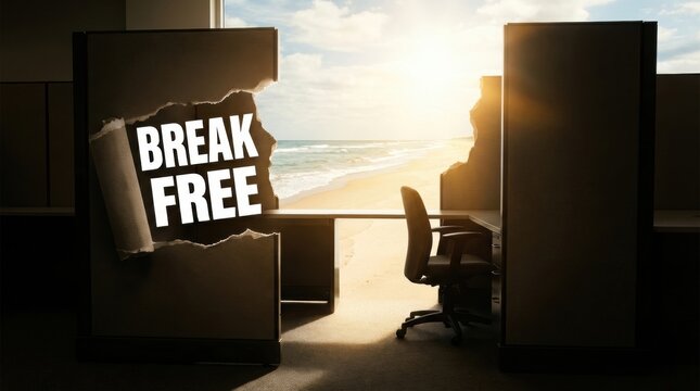 Office cubicle torn open revealing a sunny beach and ocean view