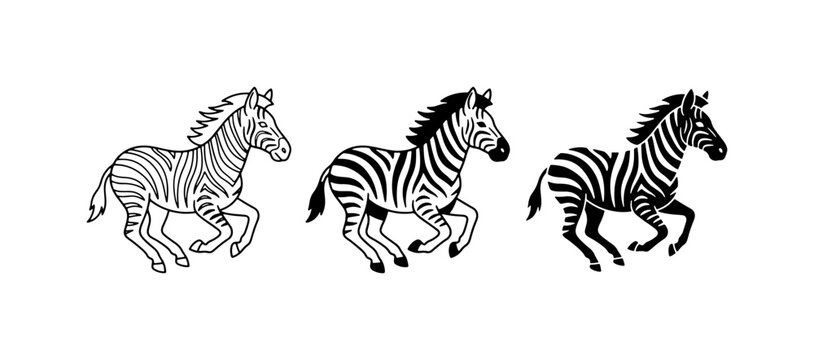 Three Running Zebras Vector Set, Stylized African Wildlife Illustrations, Black and White Animal Graphics