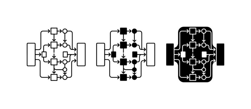 Process Flow Diagram Icons, Business Workflow Symbols, and System Logic Flowcharts in Vector Format