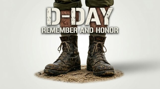 D-Day remembrance: worn combat boots on sandy ground honoring veterans