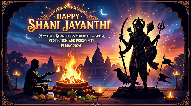  Spiritual Shani Jayanthi silhouette poster showing divine deity beside sacred flames with radiant English greeting typography and glowing twilight scenery beautifully composed