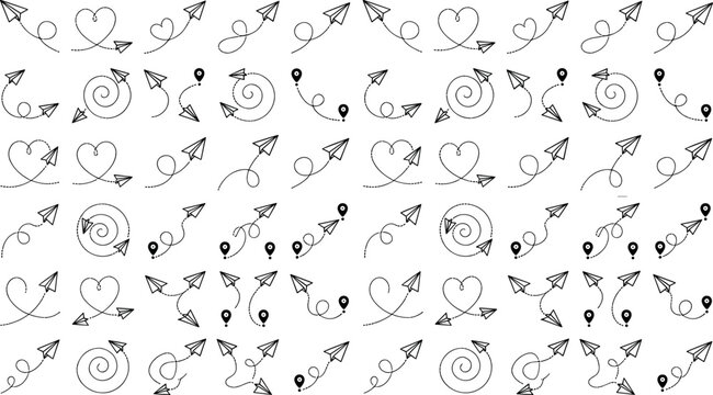 Paper plane arrow path icons set with curved lines and navigation routesPaper plane arrow path icons set 