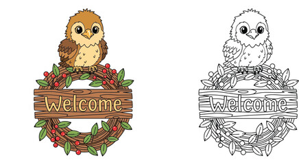  "Cute Baby Bird on 'Welcome' Wreath - Vector Illustration with Colorful and Outline Versions" © MdAbdul