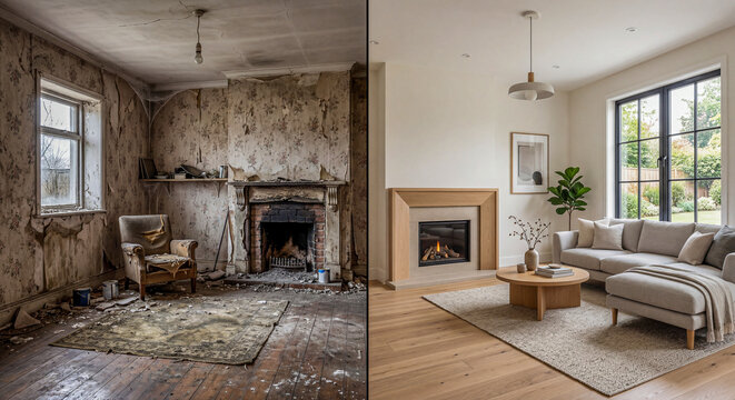 A split-screen comparison showing a dilapidated, dirty room on the left and a modern, beautifully furnished living room on the right.
