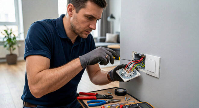 A professional electrician in a blue polo shirt and gloves using a screwdriver to fix a power outlet on a modern interior wall.