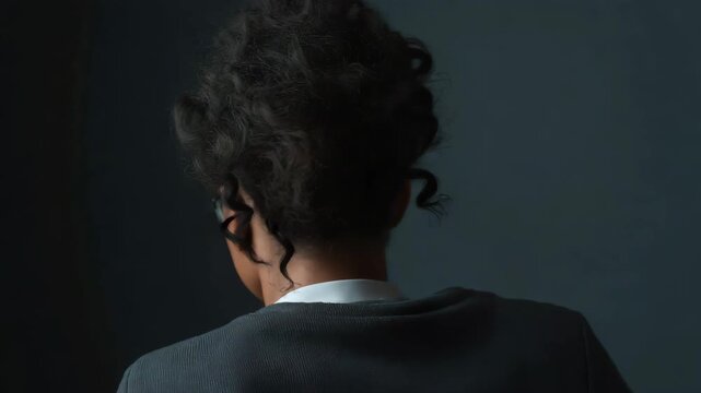 Woman portrait side view glasses curly hair ponytail contemplative smile closed eyes professional