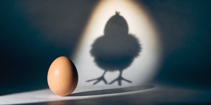 Surreal Single Brown Egg Casting Baby Chick Shadow on Wall Under Dramatic Spotlight Against Dark Grey Studio Background Hidden Potential Transformation Metaphor States of Mind Concept
