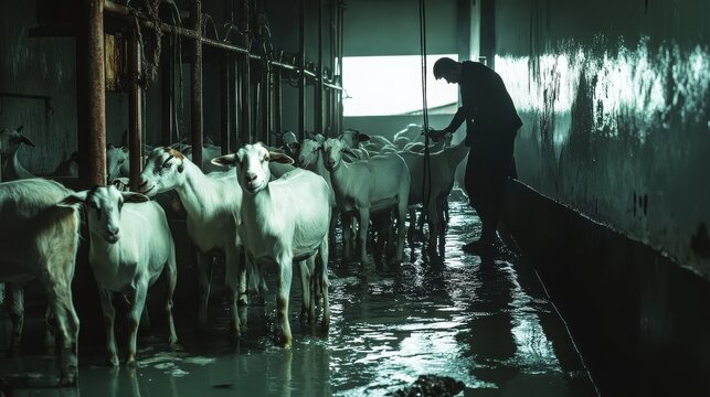 Goats being milked in a farm parlor