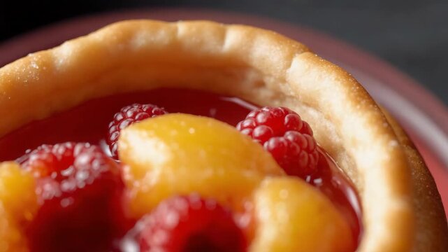 Peach raspberry tart pastry with glossy glaze, powdered sugar, golden crust and sliced fruit