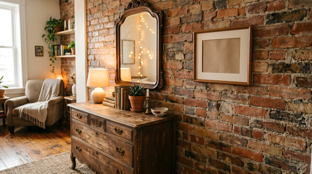 Cozy vintage living room interior with exposed brick wall, wooden dresser, ornate mirror, warm lighting, and blank frame mockup.