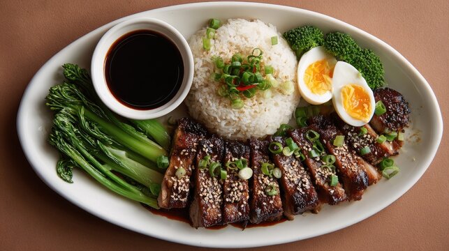 Sliced grilled meat, rice, eggs, broccoli, greens, sauce on oval plate