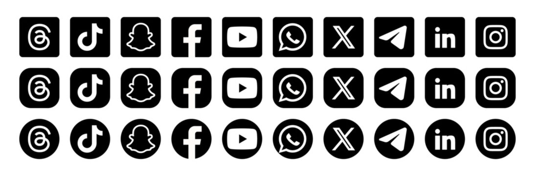 social media icon set or social network logos , facebook, instagram, threads, x, youtube, whatsapp, telegram, viber, tiktok, snapchat, linkedin, google meet, vector icons buttons
