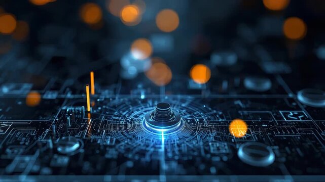 Futuristic circuit hub motherboard glowing blue core with orange bokeh data indicators