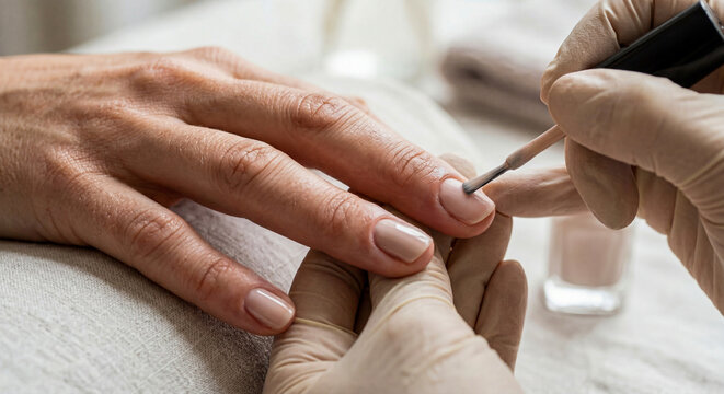 A close-up showing a professional nail technician using a tool to carefully clean and groom a client's cuticles in a salon.