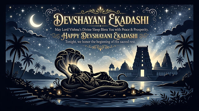  Minimal Devshayani Ekadashi silhouette artwork featuring sleeping Vishnu beneath silver temple skies with refined English festive typography beautifully illuminated tonight