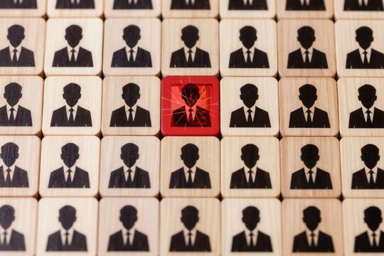 Identifying one deviant person from a group of office workers using wooden cubes. Red square with cracked silhouette marks one employee as suspect, potential threat within the team.