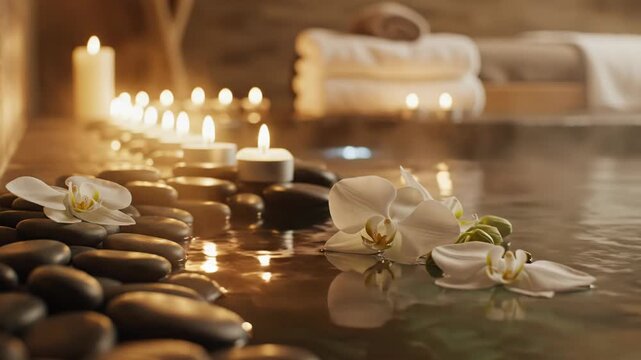 Zen spa treatment room featuring lit tea light candles, black basalt stones, and white orchid flowers floating on water with soft golden reflections and blurred towels in background.