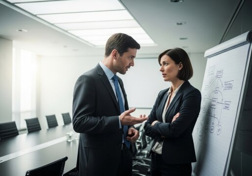 Business professionals intensely discussing strategy at a flipchart in a modern conference room, teamwork and analysis