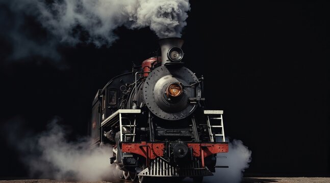 Front view of vintage steam train engine. Locomotive billows white smoke against dark background. Powerful old train travels on railway tracks. Transport, history, journey.