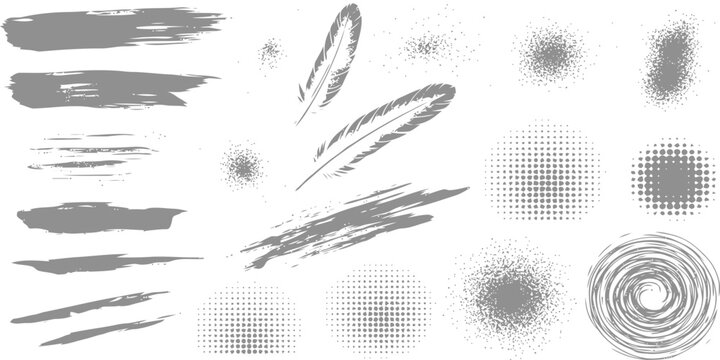 Abstract Elements Collection: A compilation of gray, abstract artistic elements. Including, brushes, textures, circles, and ink blot designs for a versatile addition to any creative project.