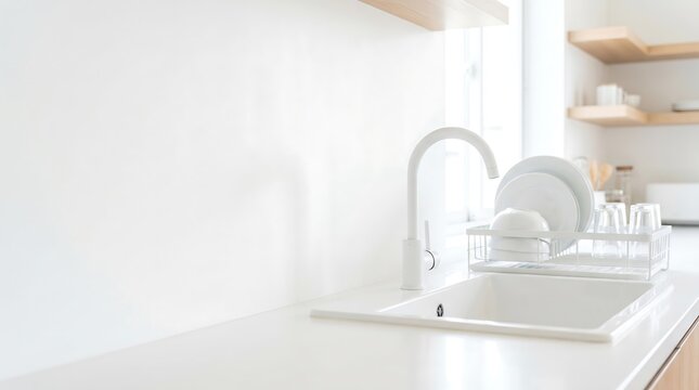 White kitchen sink faucet with dish rack on countertop in bright minimalist kitchen interior high key