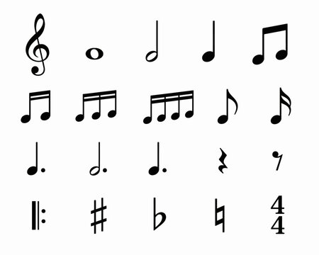 Musical notes and symbols on a white background