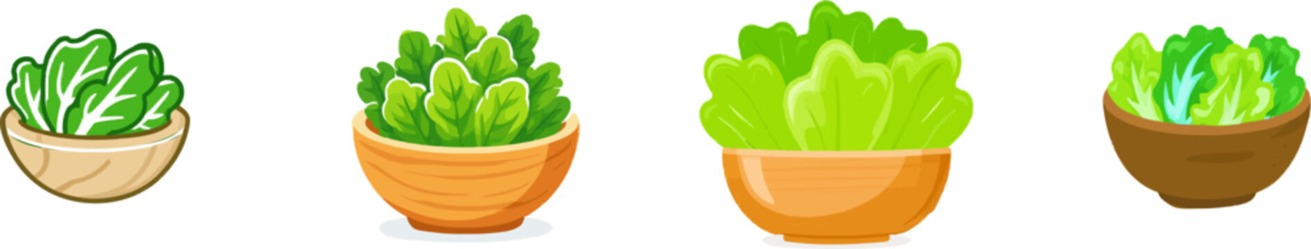A fresh green salad in a large wooden bowl, flat vector illustration, bold solid colors, clean smooth lines, minimalist 2d design, isolated on a pure white background, no gradients, no text