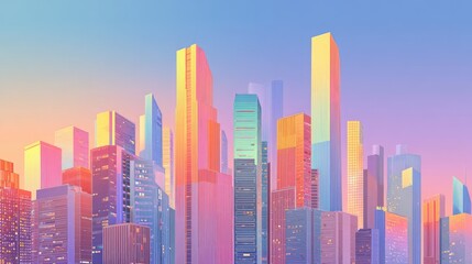 Obraz premium A vibrant, pastel-hued cityscape bathed in soft, warm light