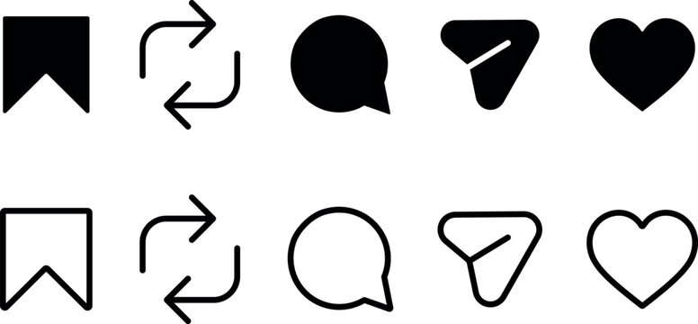 Modern social media interaction icons set with like comment repost share and save symbols vector illustration 2026
