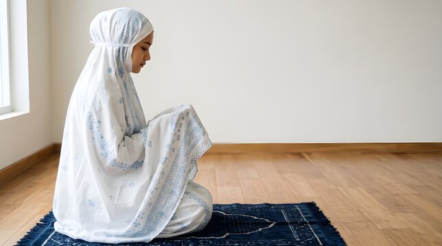 Muslim Woman Praying on Blue Prayer Mat Wearing White Mukena