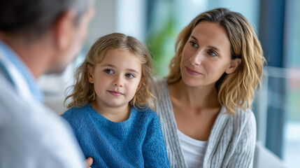 Obraz premium Close-up of a mother and daughter at a clinic speaking with a doctor together, pediatric healthcare concept, family medical visit, parent child health checkup, defocused background, with