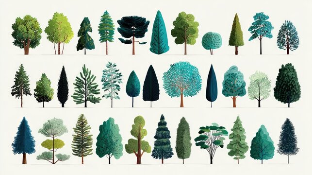 Collection of diverse, stylized evergreen and deciduous trees