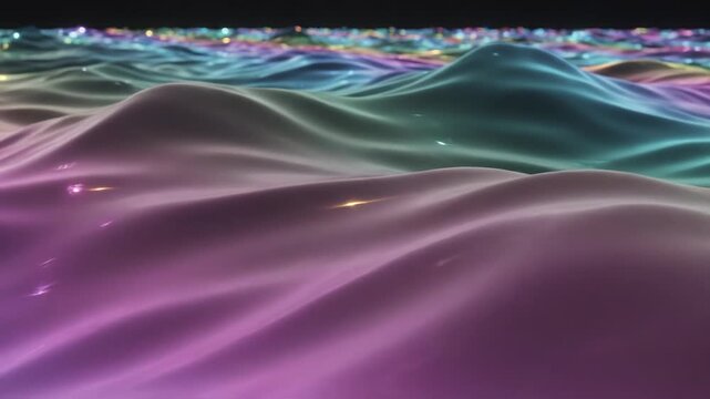 Abstract 3D rendering of smooth undulating waves with purple blue and pink neon gradients featuring a matte satin surface texture and glowing bokeh light particles on a dark horizon line.