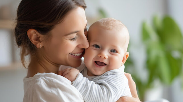 Close-up of a mother hugging a laughing baby at home, playful infant and parent bond concept, mother and baby fun, joyful caregiving moment, defocused background, with copy space