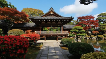 Fototapeta premium Tranquil Japanese garden with wooden pavilion, pond, blooming azaleas. Red maple trees add color to serene landscape. Stone path leads through rich green plants, shaped shrubs to elegant building.