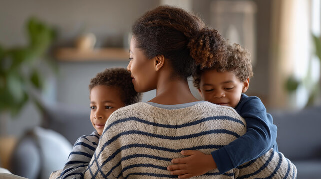 Rear view of a Black mother hugging two children in a living room, single parent family concept, loving home environment, mother and sons togetherness, defocused background, with copy space