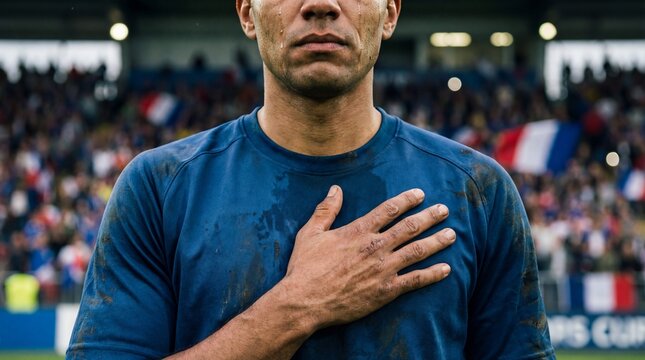 Soccer player with hand on heart during national anthem before a match, showing patriotism and respect.