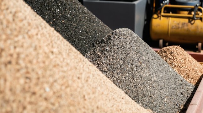 Piles of sandblasting abrasive media with different grit sizes and textures. Materials for surface preparation and cleaning are ready for industrial use.
