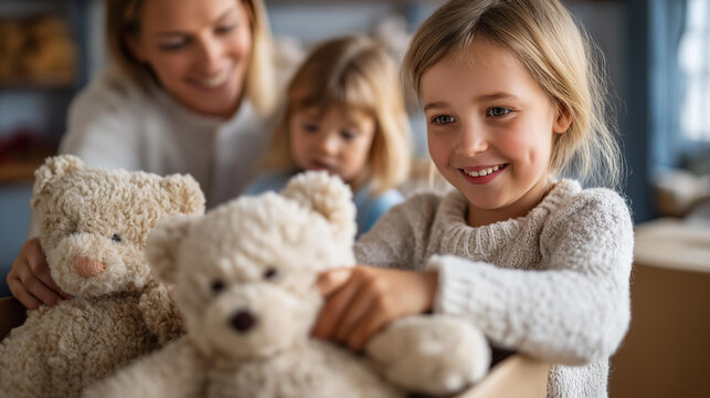 Close-up of a mother and children sorting teddy bears into donation boxes while moving, charity and family values concept, teaching children generosity, family relocation with giving,