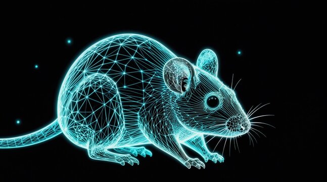 Abstract neon blue mouse made of wireframe polygons and glowing dots. This digital construct hovers in darkness representing future tech, AI or science research.