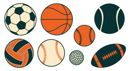 Obraz premium Collection of various sports balls, including soccer, basketball, baseball, tennis, volleyball, American football, and golf balls, presented in a flat design