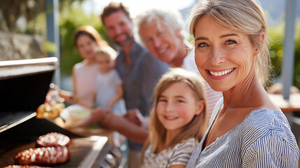 Fototapeta premium Rear view of a family grilling together at a backyard barbecue with multiple generations, outdoor cooking concept, multigenerational family meal, summer cookout, defocused background, with