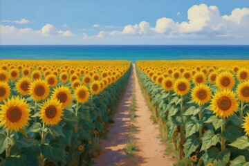 Obraz premium Dirt path through endless sunflower field leads to ocean. Bright yellow flowers under blue sky with fluffy white clouds. Sunny summer day, seaside landscape art.