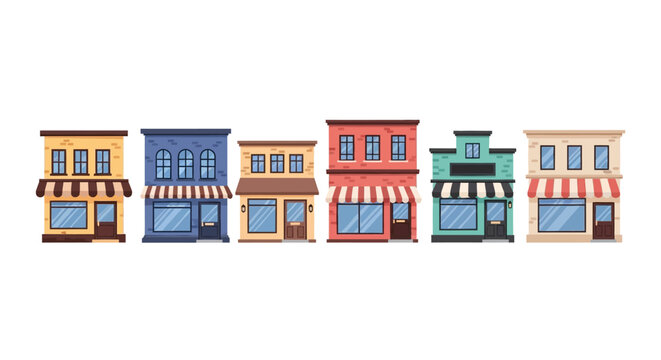 Collection of colorful storefronts and retail shops in a row, representing local businesses and commercial buildings
