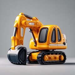 Naklejka premium A vibrant yellow toy excavator with treads, set against a plain backdrop