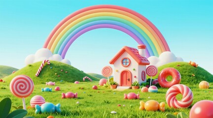 Naklejka premium Cartoon candy land with sweet treats, rainbow arch. Small house sits on green grassy hills in lollipops, donuts, wrapped candies. Scene features bright colors, playful, whimsical atmosphere, perfect