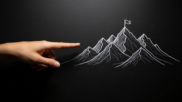 Creative hand pointing at chalk drawing of mountain peaks with a flag on the summit representing achievement success and adventure exploration on black background