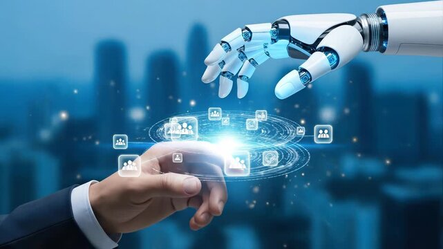 Robot hand interacting with human resources network in cityscape