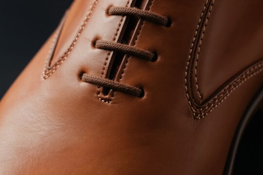 Brown leather men oxford shoe close up. Shows neat stitching detail and tied shoelace. Elegant footwear for formal occasions. Classic men fashion item.