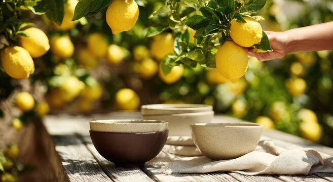A hand picks ripe lemons from a tree above bowls on a rustic table